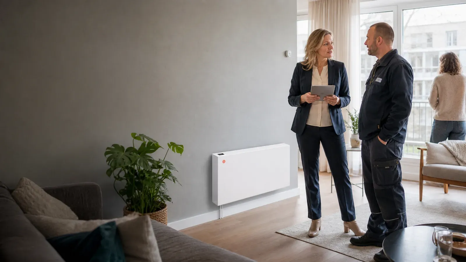 Woonkamer met Rator toestel, corporatiemedewerker en installateur