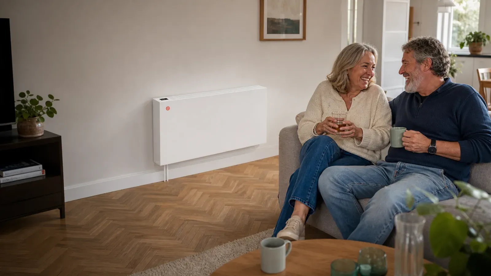 Woonkamer met wit Rator-toestel in warm daglicht