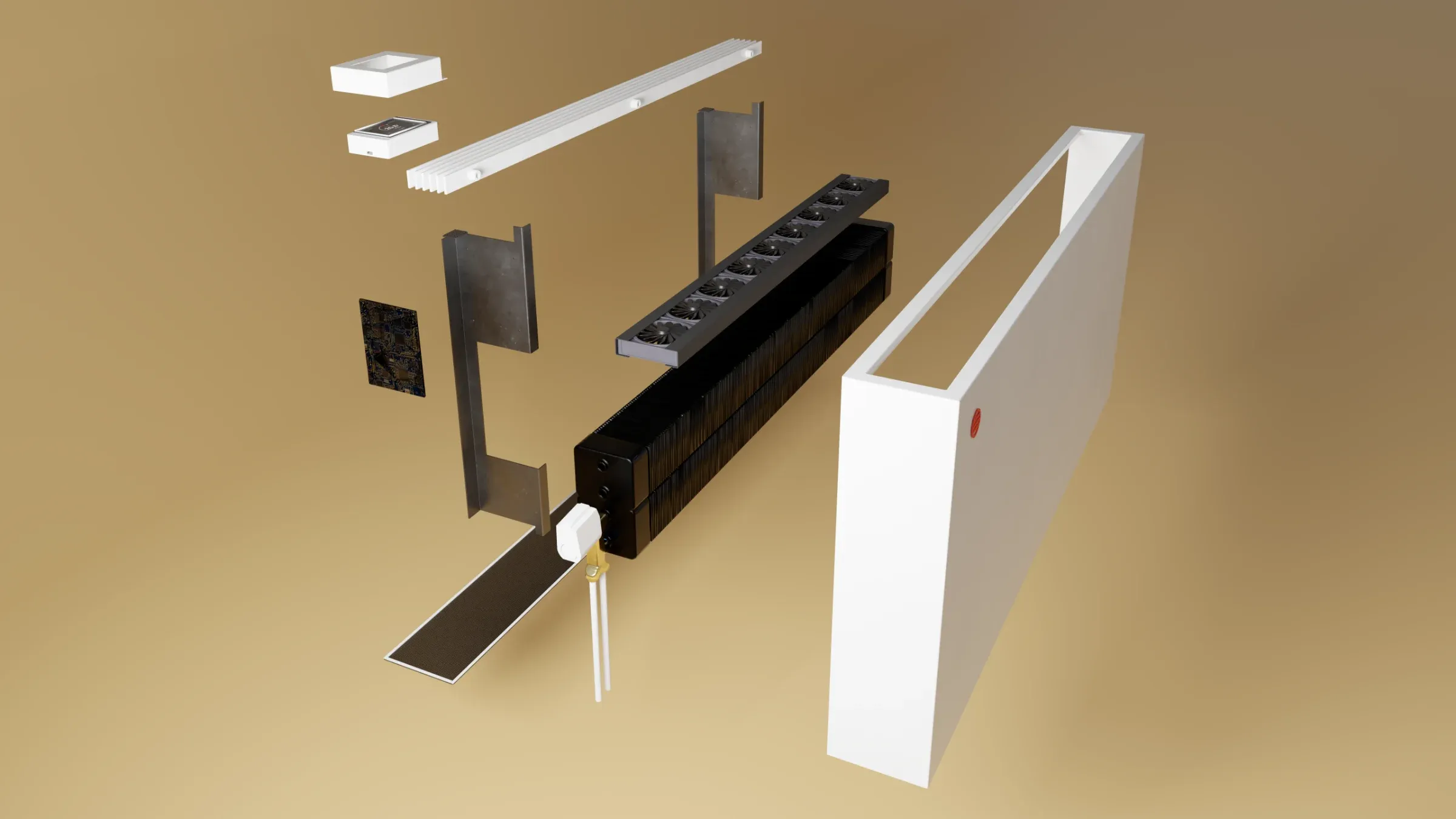 Rator 1 uit elkaar getekend: afdekkap, bedieningsmodule met scherm, bovenrooster, montagebeugels, elektronica, ventilatorrij, warmtewisselaar, klep met leidingen, filter en behuizing